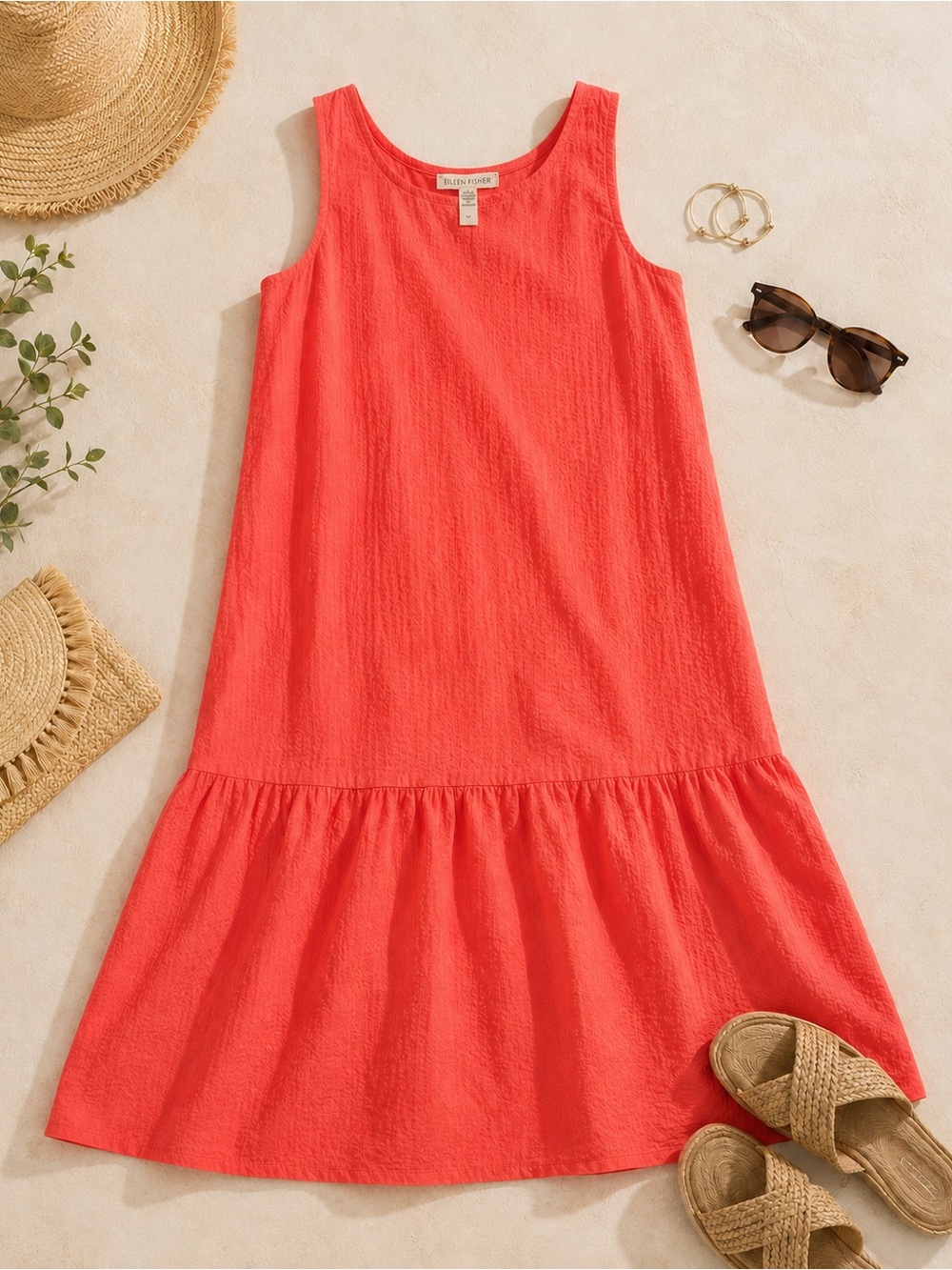 Eileen Fisher Coral Organic Cotton Drop Waist Dress SP